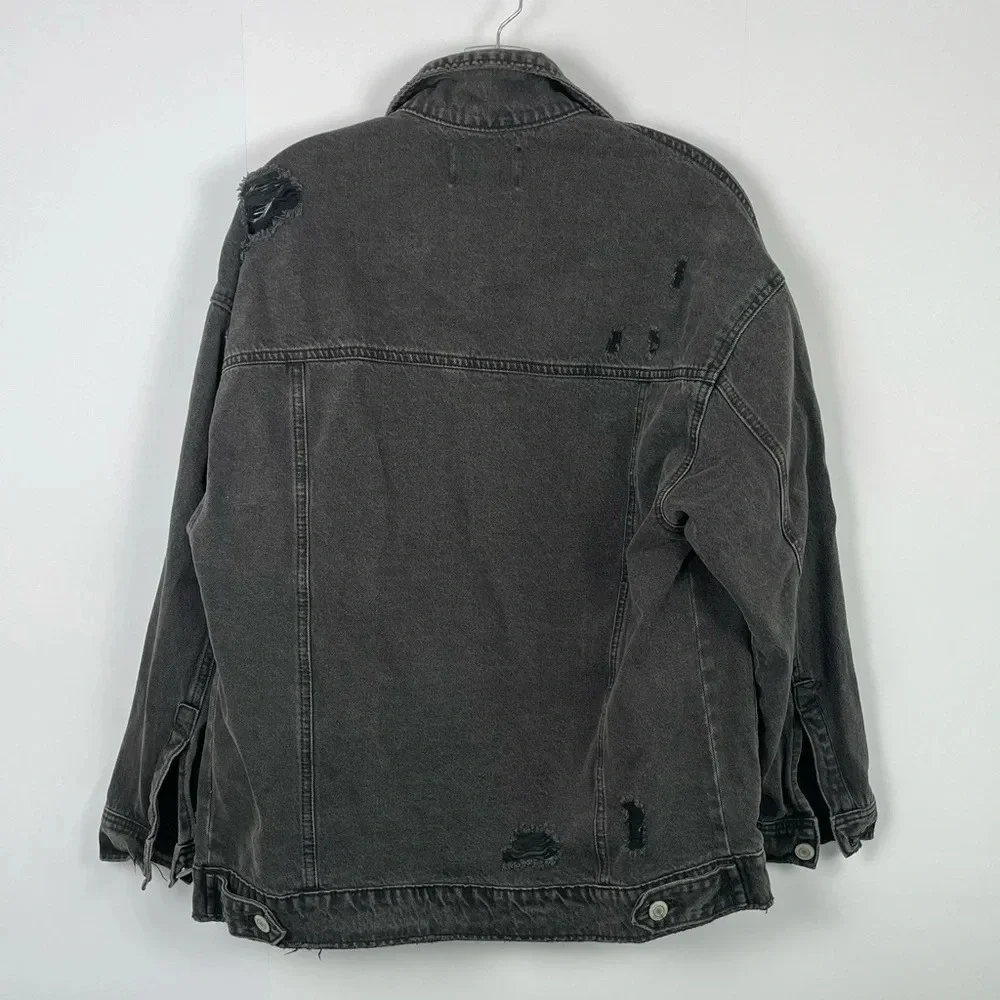 Charcoal Black Denim Jacket Oversized Size Small Distressed Grunge